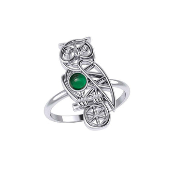 Silver Flower of Life Owl Ring With Gemstone TRI2407 - Jewelry